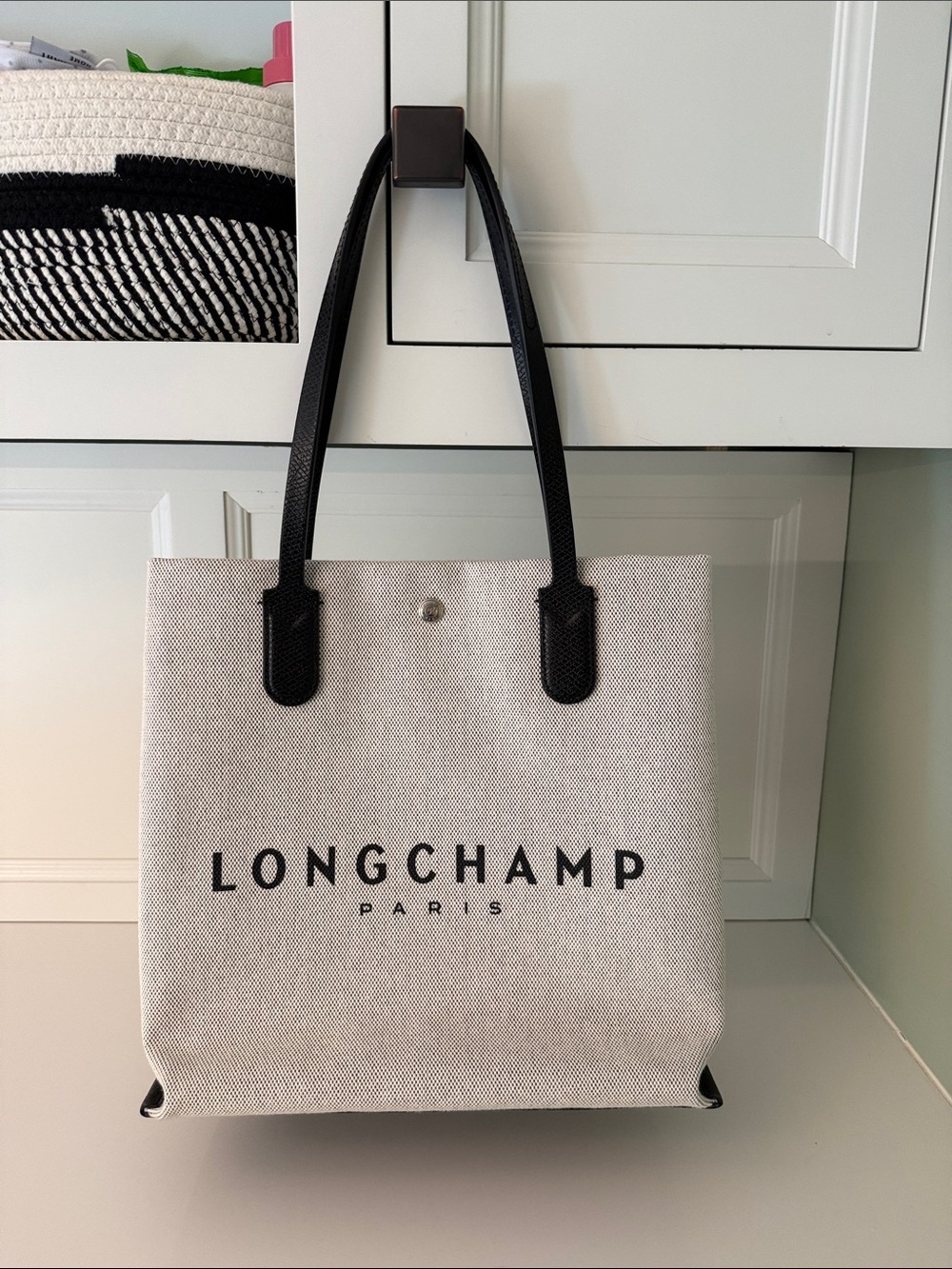 Longchamp Roseau Beige Canvas Tote with Black Handles